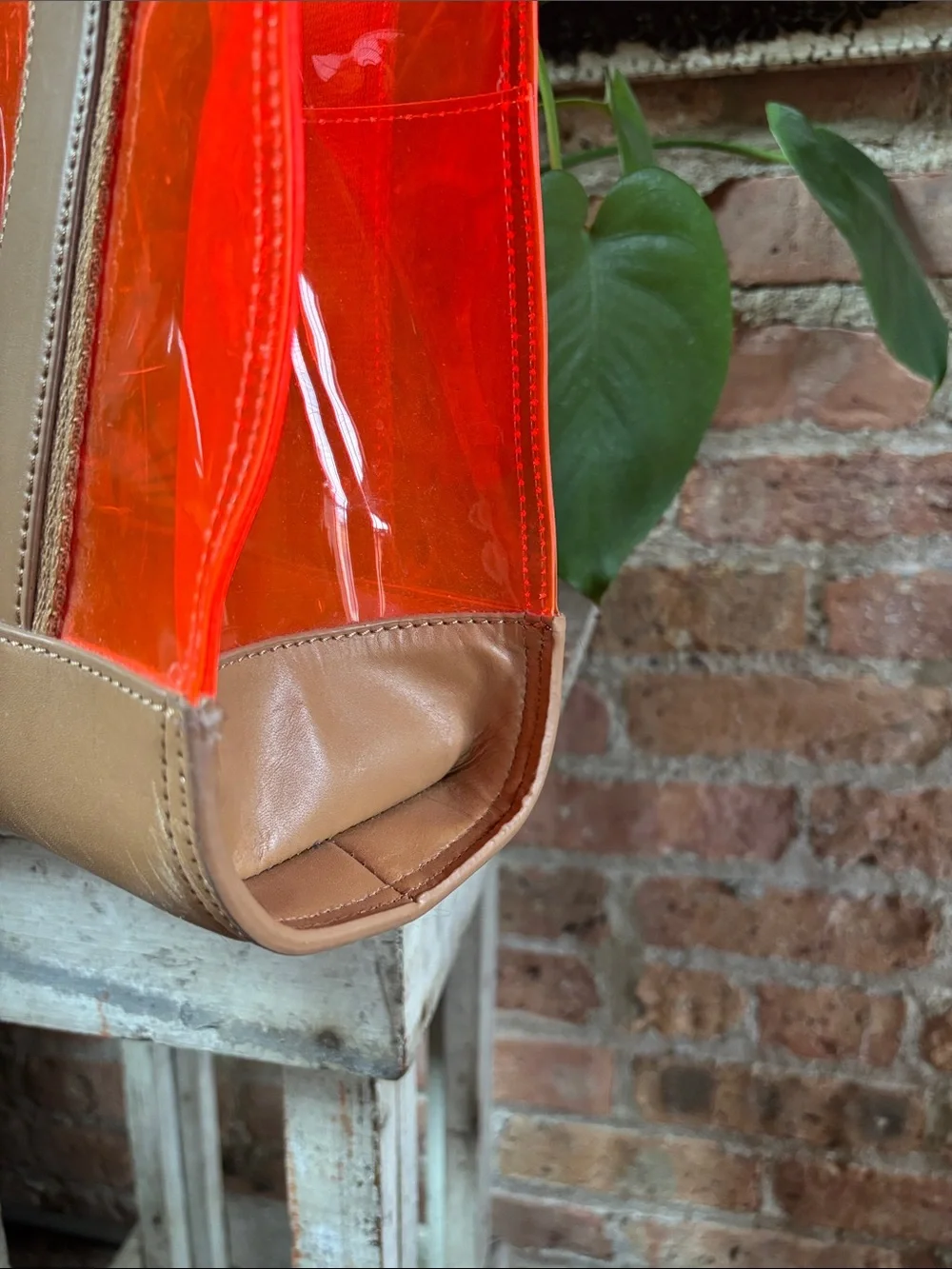 Tory Burch Bright Orange Clear Tote with Tan Trim
